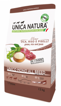 Сухой монобелковый гипоаллергенный корм Unica Natura Mono All breed Dog собак средних и крупных пород (Гусь)